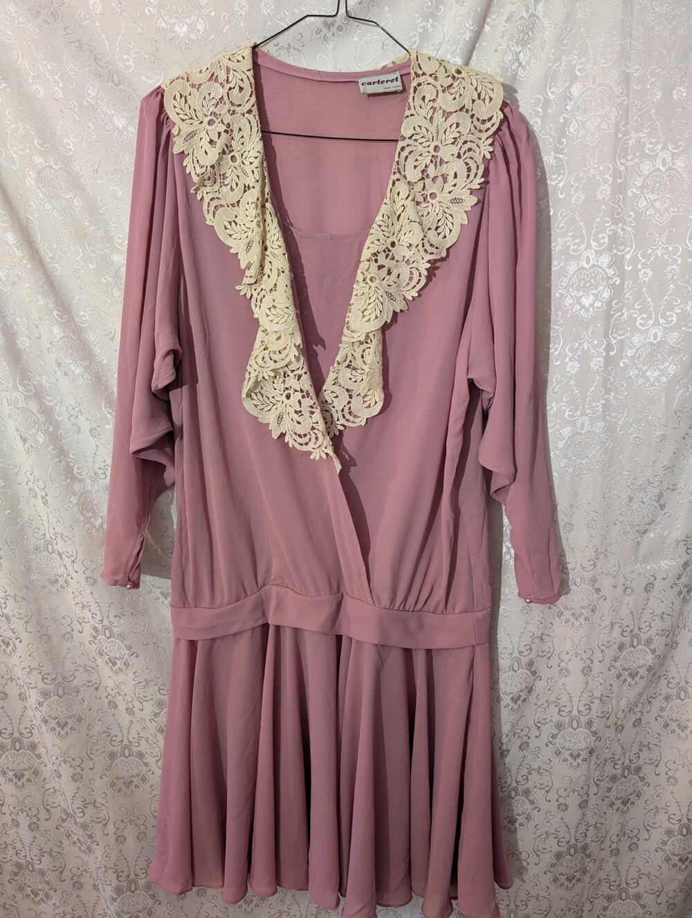 Vintage 80s Carteret Mauve Dress Lace V Neck Drop Waist